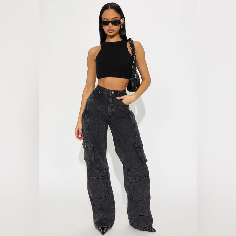 Fashion Nova Women's Black Cargo Jeans Size 15 NWT